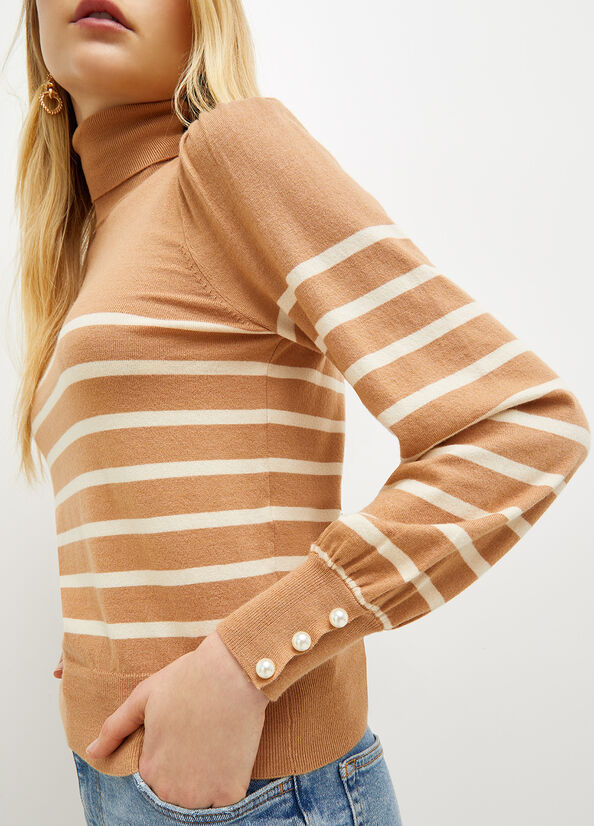 Beige Liu Jo Striped Turtleneck With Beads Women's Sweaters | SGW-357820