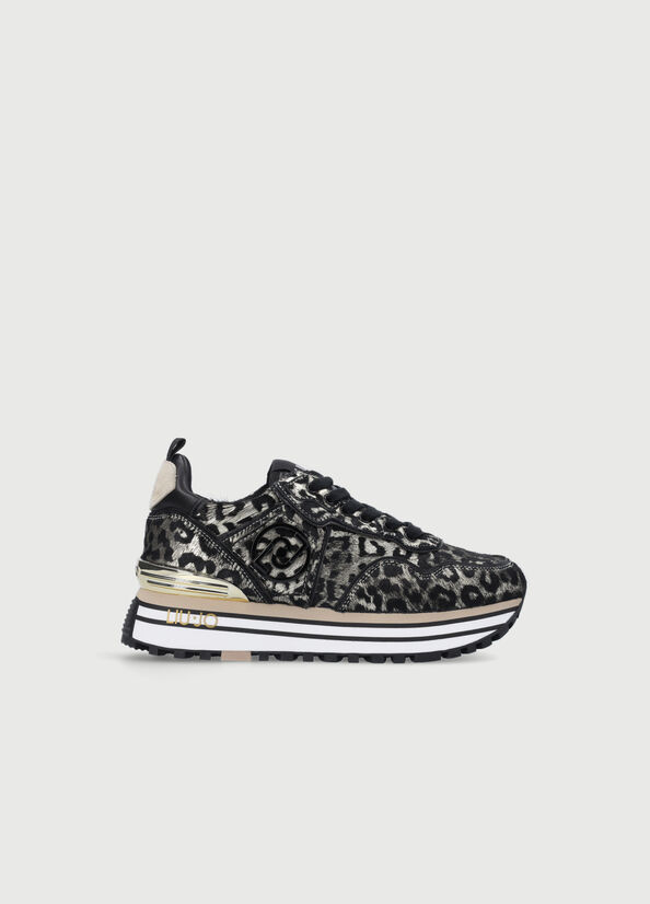 Black / Gold Liu Jo Laminated Animal-Print Platform Women's Sneakers | HOT-684037