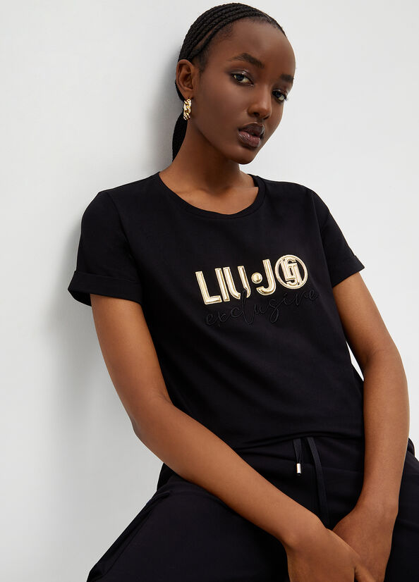 Black Liu Jo Eco-Friendly With Logo Women's T Shirts | QKI-764180