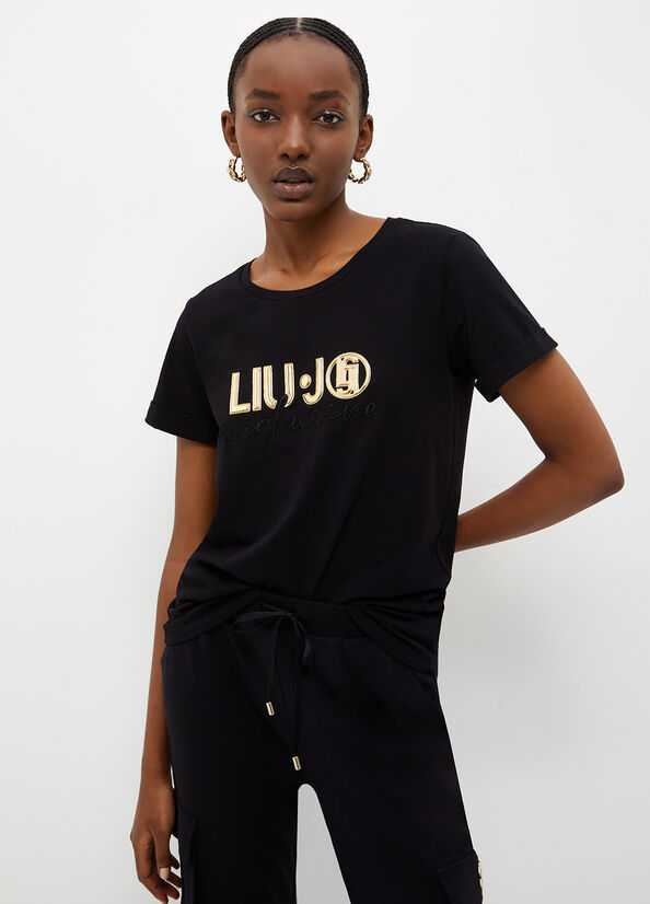 Black Liu Jo Eco-Friendly With Logo Women\'s T Shirts | QKI-764180