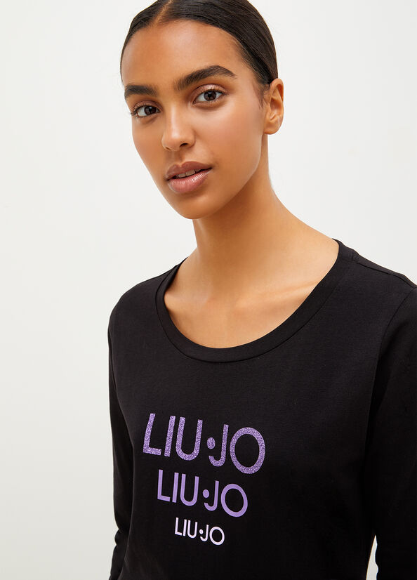 Black Liu Jo Eco-Friendly With Logo Women's T Shirts | XSC-104957