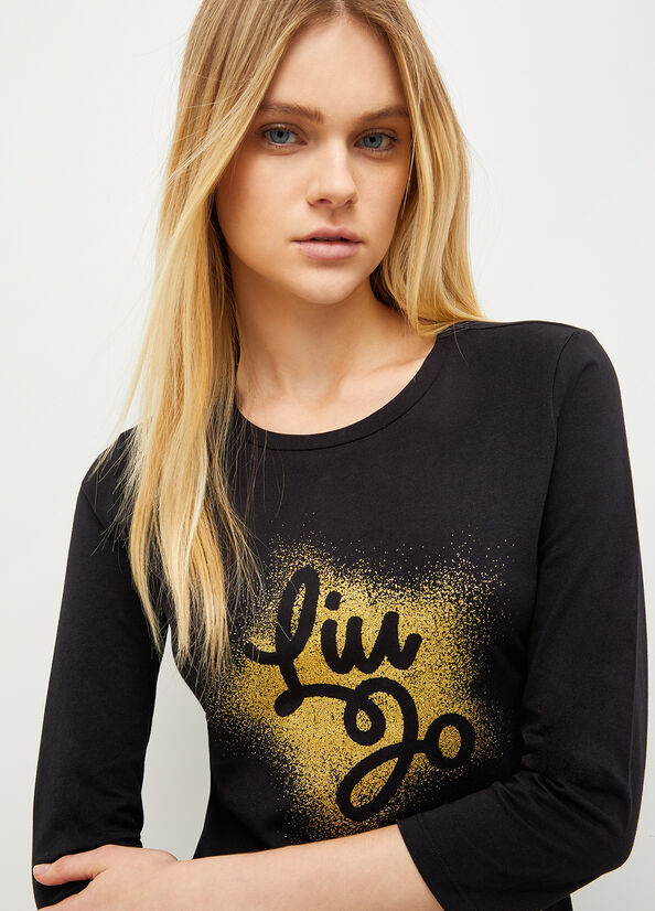 Black Liu Jo Eco-Friendly With Logo Women's T Shirts | YWO-721480