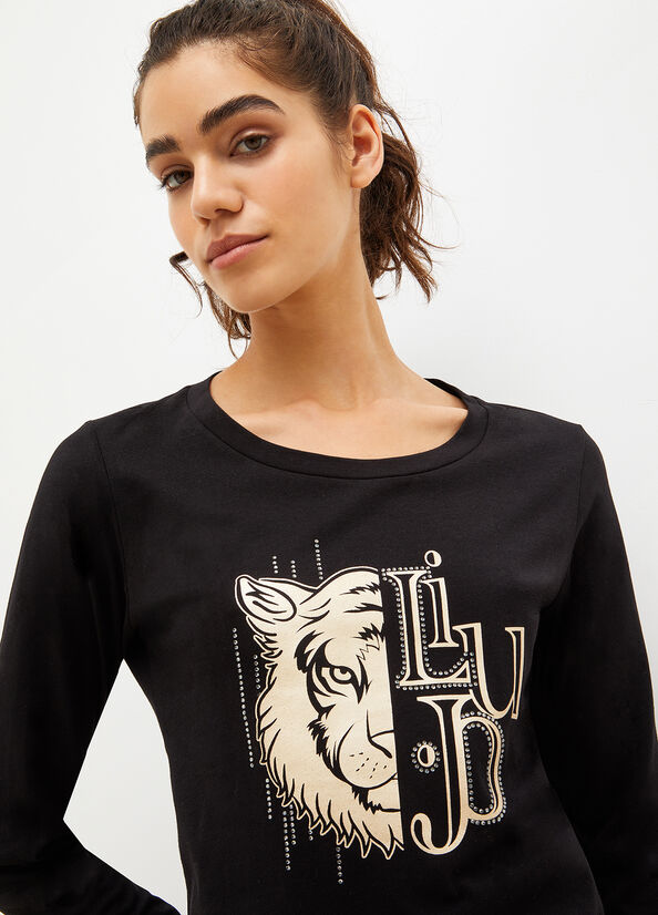 Black Liu Jo Eco-Friendly With Print And Gemstones Women's T Shirts | ONH-710836