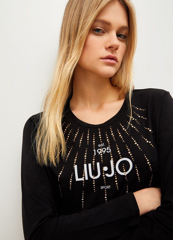 Black Liu Jo Eco-Friendly With Studs And Logo Women's T Shirts | ETQ-312968