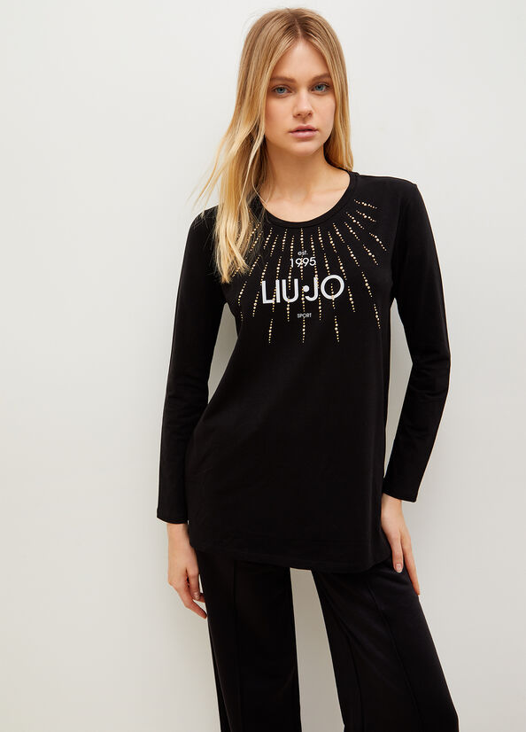 Black Liu Jo Eco-Friendly With Studs And Logo Women\'s T Shirts | ETQ-312968