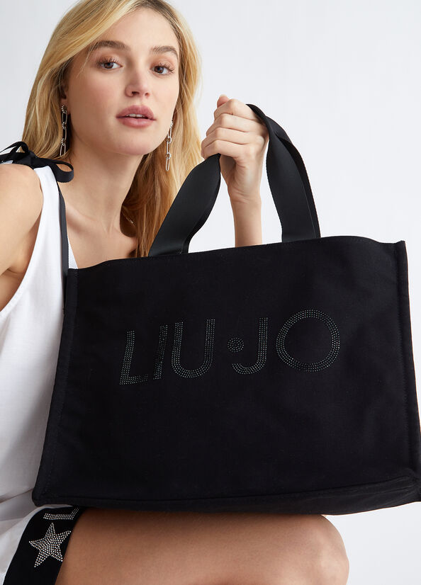 Black Liu Jo In Canvas With Logo Women\'s Shopper Bag | VDT-067513