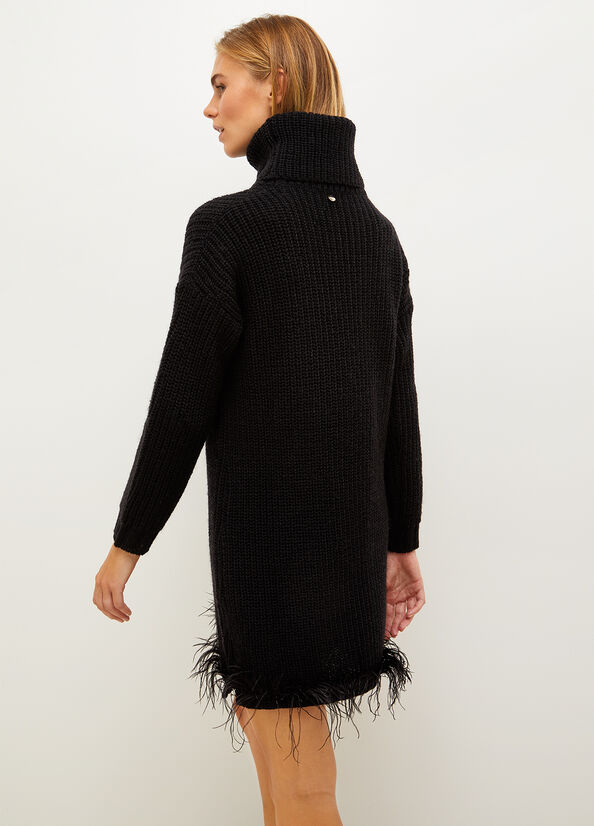 Black Liu Jo Knitted With Feathers Women's Dress | FBH-761093