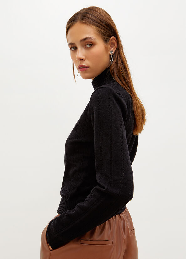 Black Liu Jo Mock Turtleneck With Penwork Pattern Women's Sweaters | ATE-416873