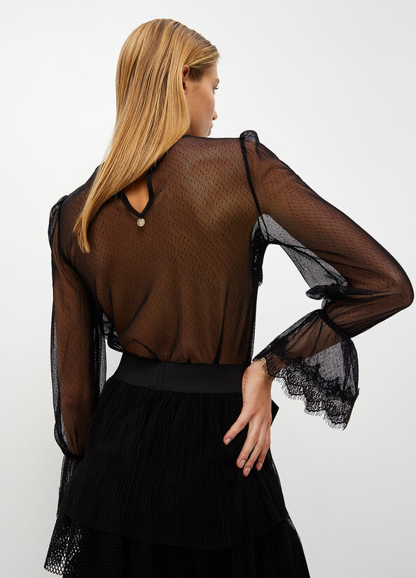 Black Liu Jo Plumetis Tulle Women's Shirts | BXI-208157