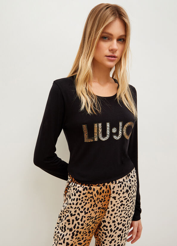 Black Liu Jo With Animal-Print Logo Women\'s T Shirts | LIR-701985