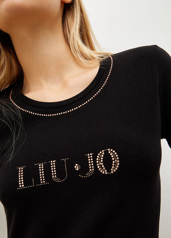 Black Liu Jo With Logo And Gemstones Women's T Shirts | AUX-628904