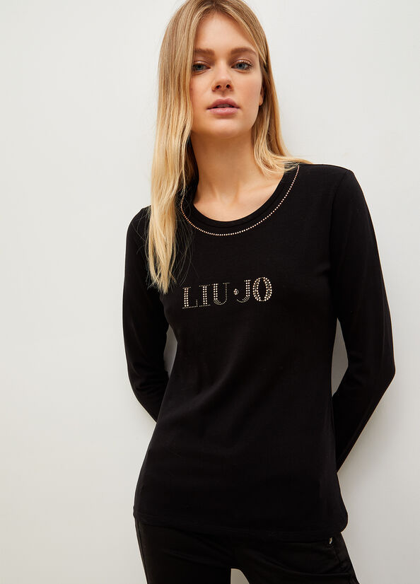 Black Liu Jo With Logo And Gemstones Women\'s T Shirts | AUX-628904