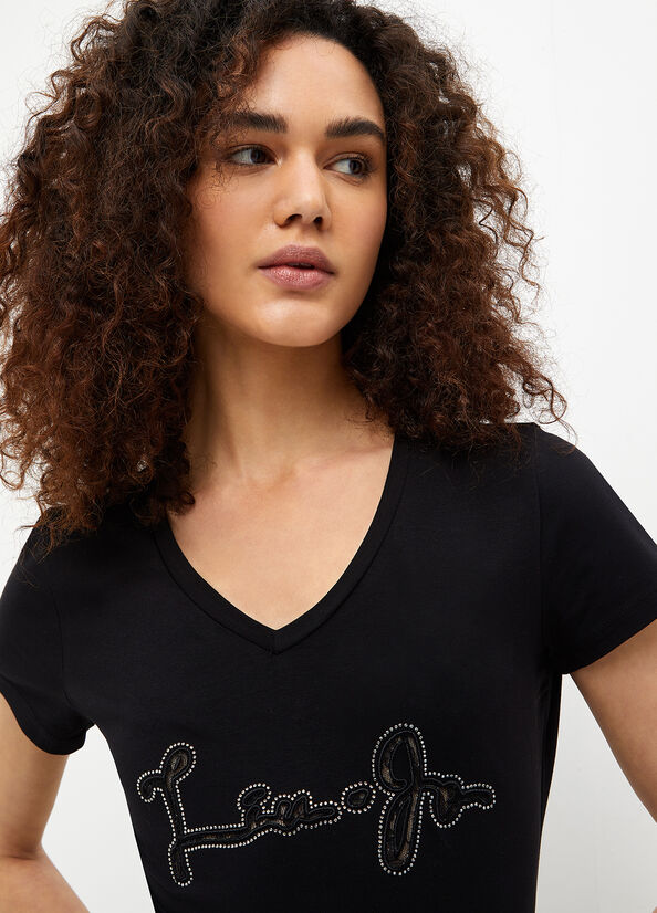 Black Liu Jo With Logo And Gemstones Women's T Shirts | RGT-176095