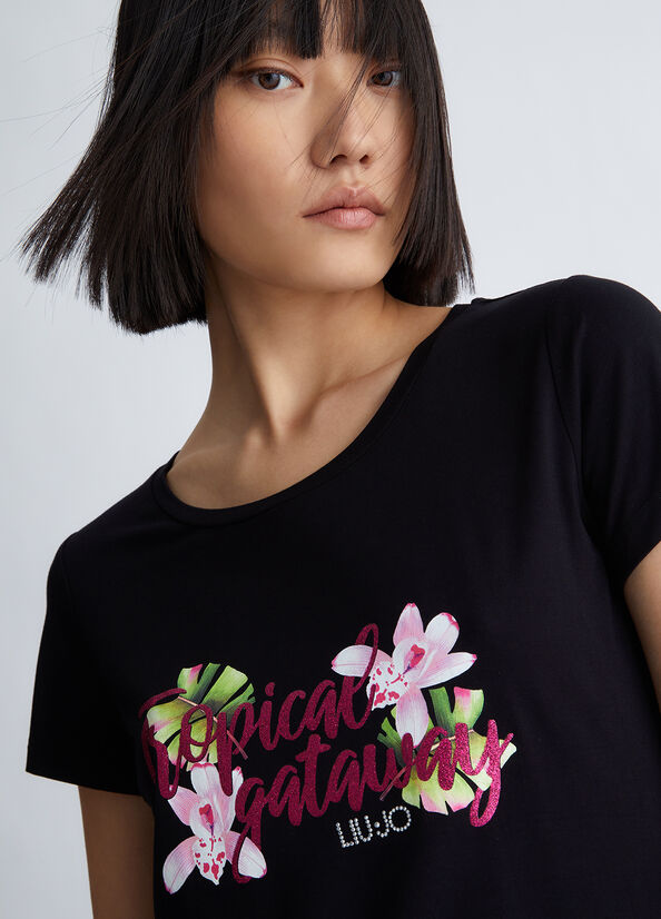 Black Liu Jo With Tropical Print Women's T Shirts | DFZ-435290