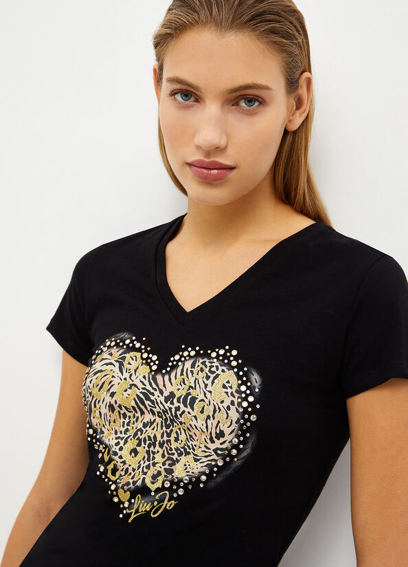 Black Liu Jo With Wild Heart Print Women's Tops | XDI-954863