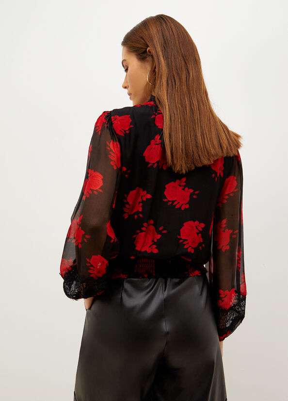 Black / Red Liu Jo Floral Chiffon Blouse Women's Shirts | RJN-059468