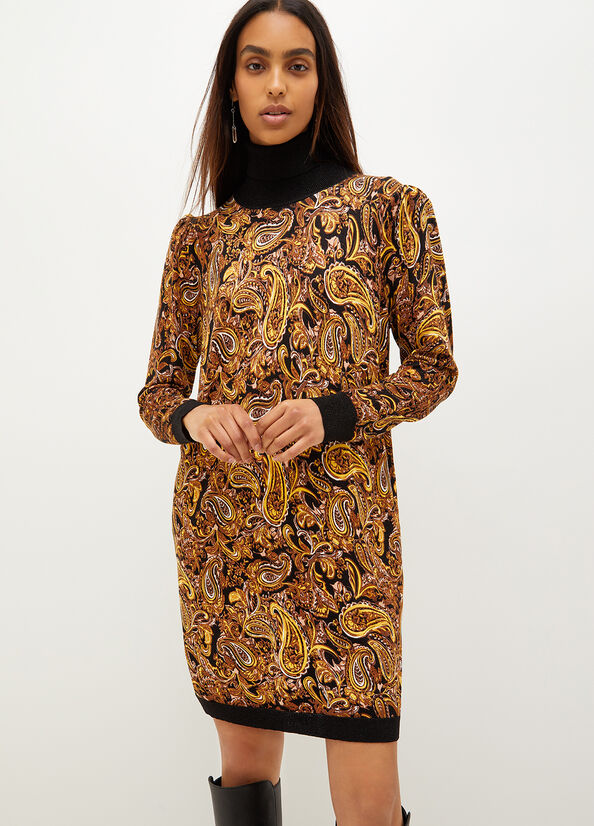 Black / Yellow Liu Jo Turtleneck With Paisley Print Women\'s Dress | EOX-502641