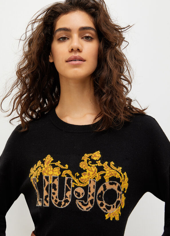 Black / Yellow Liu Jo Wool And Cotton With Animal Print Logo Women's Sweaters | RIV-801394