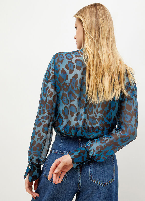 Blue Liu Jo Animal-Print Chiffon Blouse Women's Shirts | GOL-905178