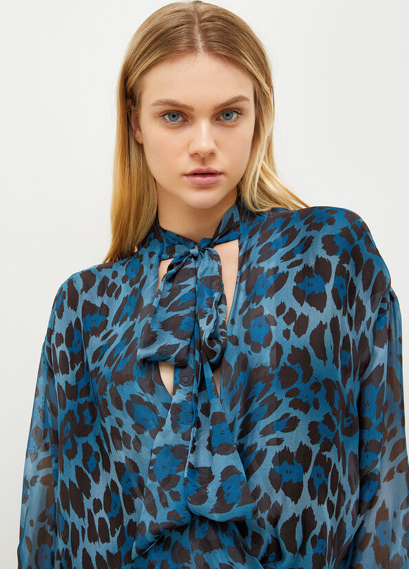 Blue Liu Jo Animal-Print Chiffon Blouse Women's Shirts | GOL-905178