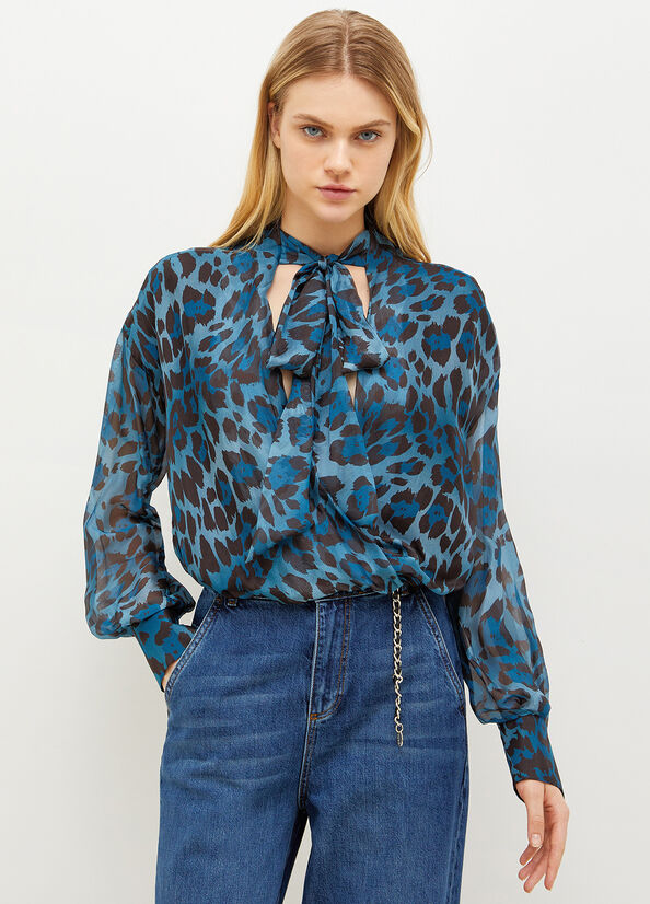 Blue Liu Jo Animal-Print Chiffon Blouse Women\'s Shirts | GOL-905178