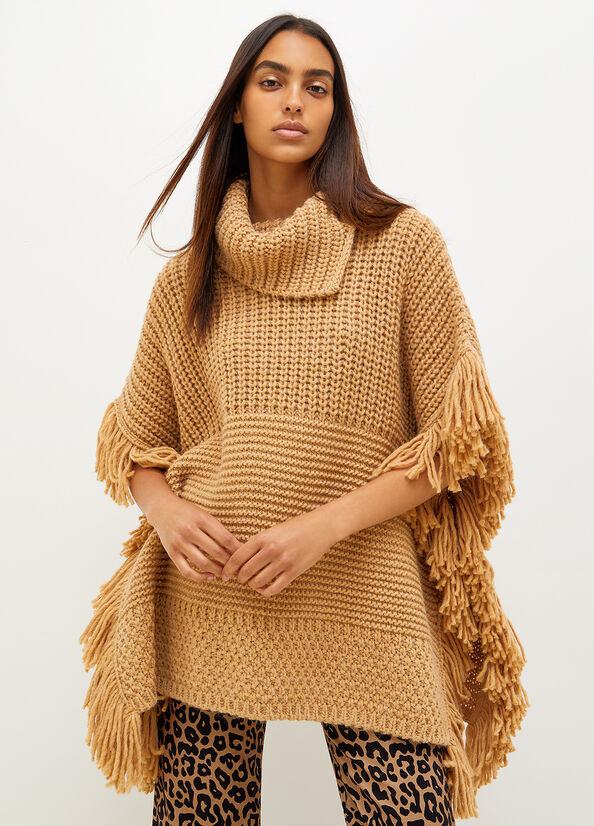 Brown Liu Jo Knit Cape With Fringes Women\'s Coats | XIP-719564