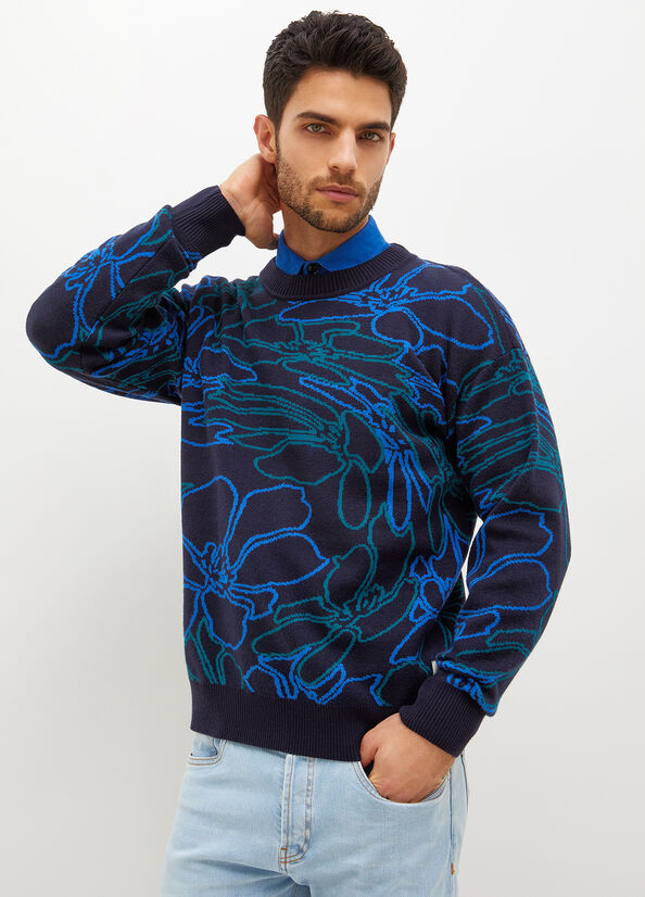 Dark Blue Liu Jo Jacquard Men\'s Sweaters | OHX-923854