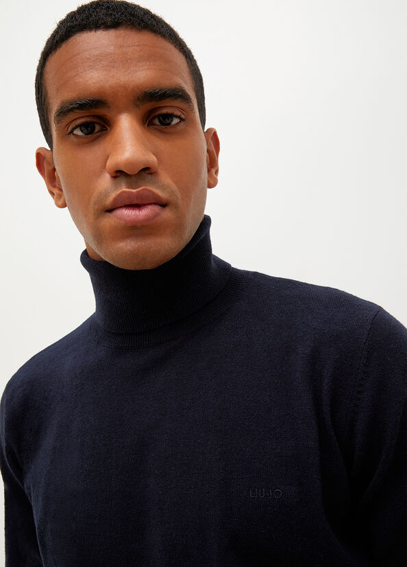 Dark Blue Liu Jo Turtleneck In Cotton Men's Sweaters | NVK-048951