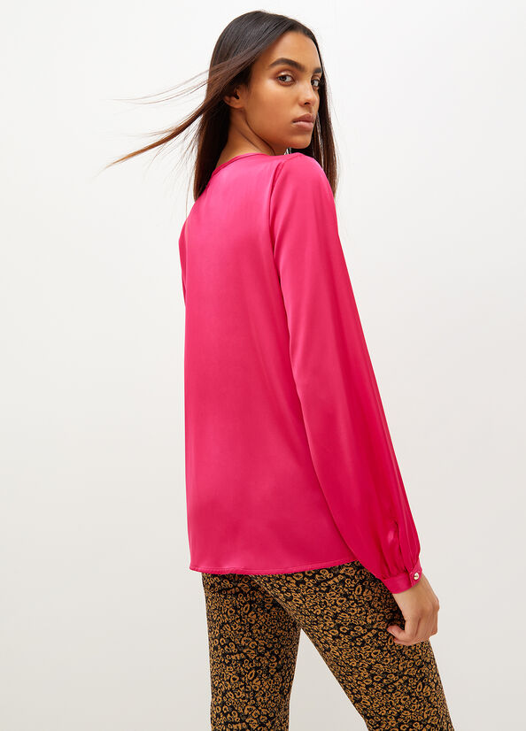 Fuchsia Liu Jo Satin Blouse With Jewel Logo Women's Shirts | QHO-908361