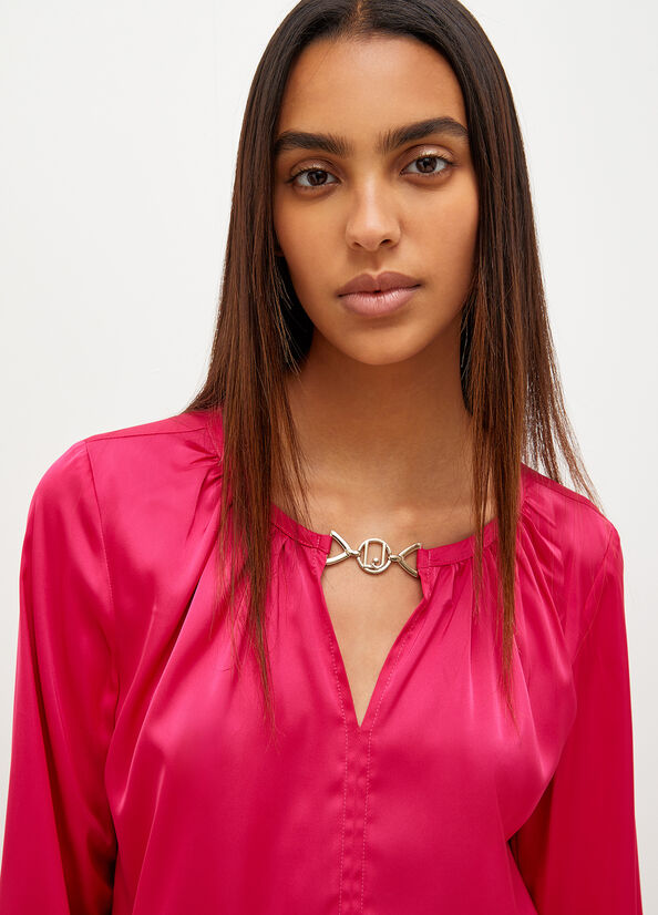 Fuchsia Liu Jo Satin Blouse With Jewel Logo Women's Shirts | QHO-908361