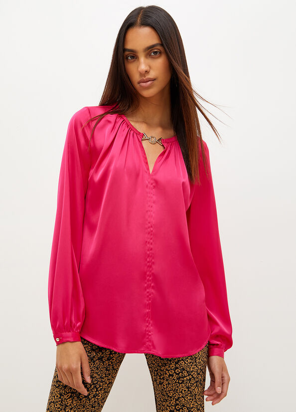 Fuchsia Liu Jo Satin Blouse With Jewel Logo Women\'s Shirts | QHO-908361