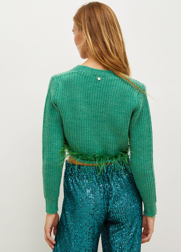 Green Liu Jo Cardigan With Feathers Women's Sweaters | AOP-013896