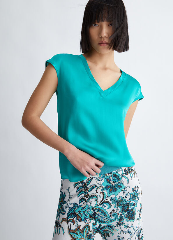 Light Turquoise Liu Jo Silk Blend Blouse Women\'s Shirts | UOW-705618