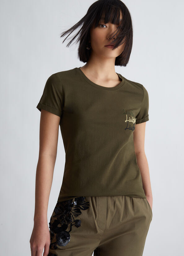 Olive Liu Jo Cotton With Logo Women\'s Tops | LRB-046397