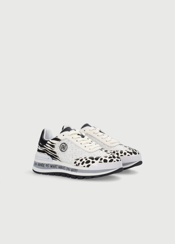 White / Black Liu Jo Glitter With Animal-Print Women's Sneakers | QKE-537068