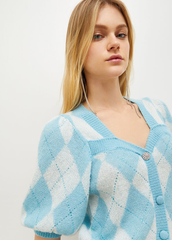 White Blue Liu Jo Argyle Cardigan With Gemstones Women's Sweaters | MOH-680794