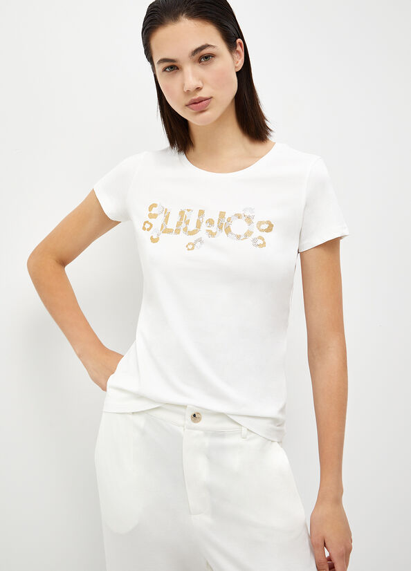 White Liu Jo With Logo And Gemstones Women\'s T Shirts | ZBC-807693