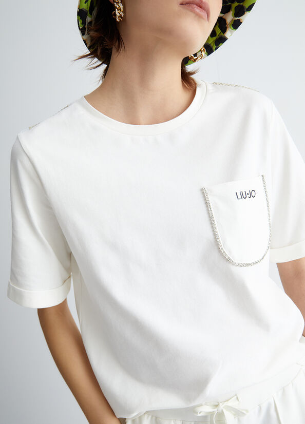 White Liu Jo With Pocket And Rhinestones Women's T Shirts | PNV-748529