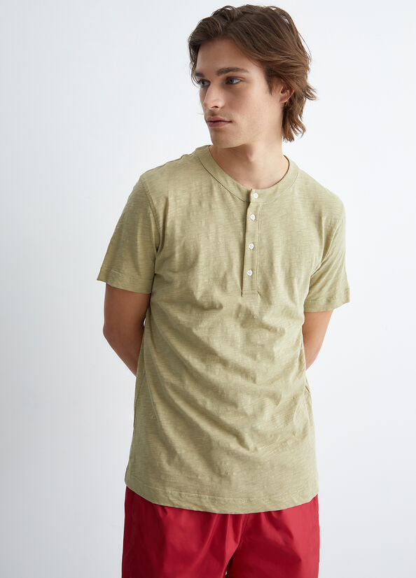 Beige Liu Jo Cotton Henley Men's T Shirts | XNW-614280