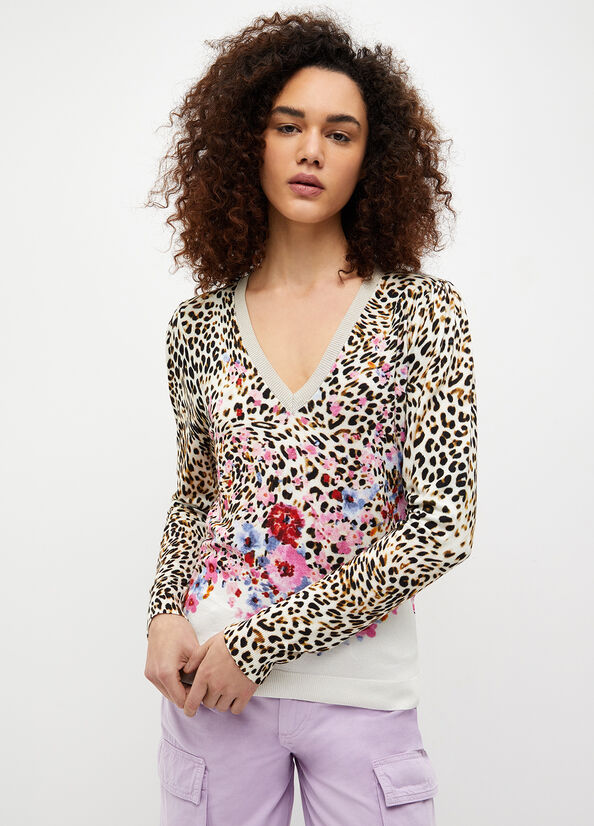 Beige Liu Jo Floral Animal Print Women's Sweaters | AMQ-149357