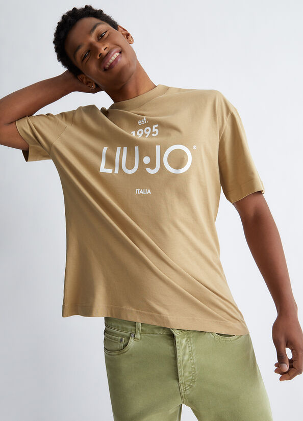 Beige Liu Jo With Logo Men's T Shirts | HUO-689725