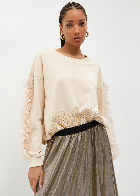 Beige Liu Jo With Rhinestones And Tulle Women's Sweatshirts | IOK-841952