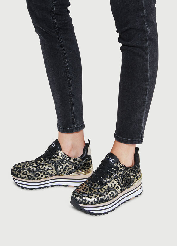 Black / Gold Liu Jo Laminated Animal-Print Platform Women's Sneakers | HOT-684037