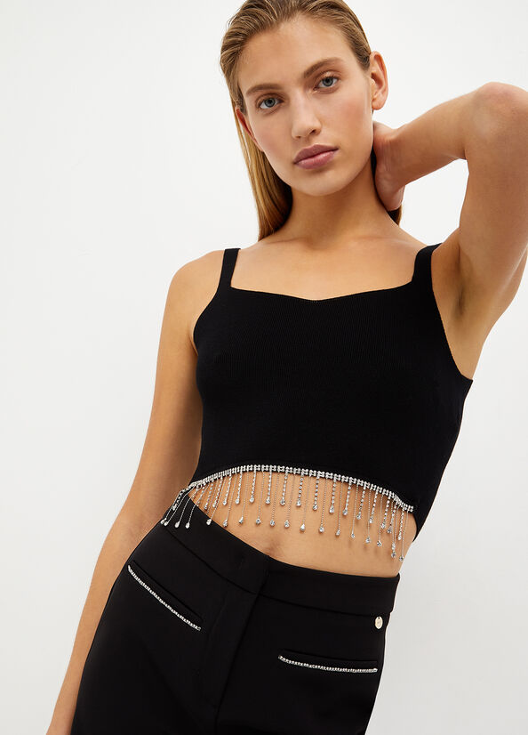 Black Liu Jo Bralette With Jewel Fringes Women's T Shirts | LFE-439076