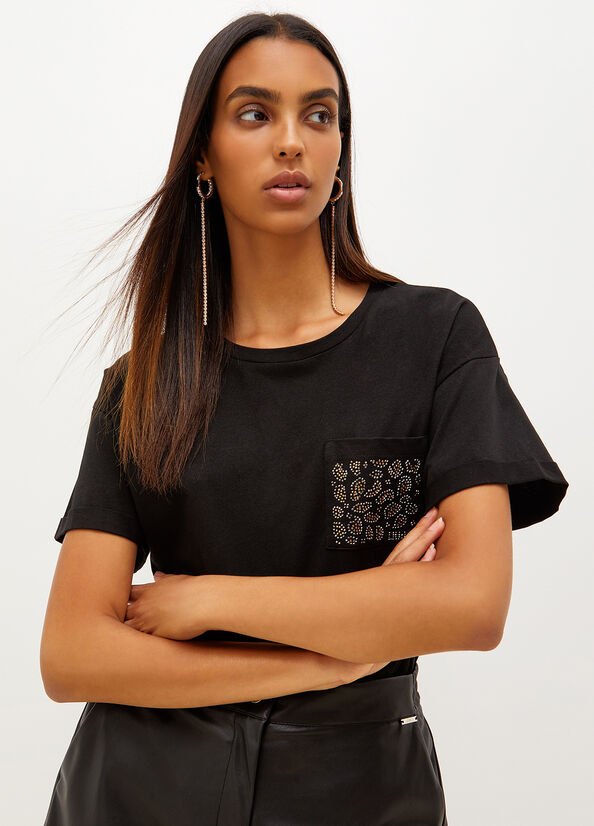 Black Liu Jo Cotton With Rhinestones Women's T Shirts | NEP-921347