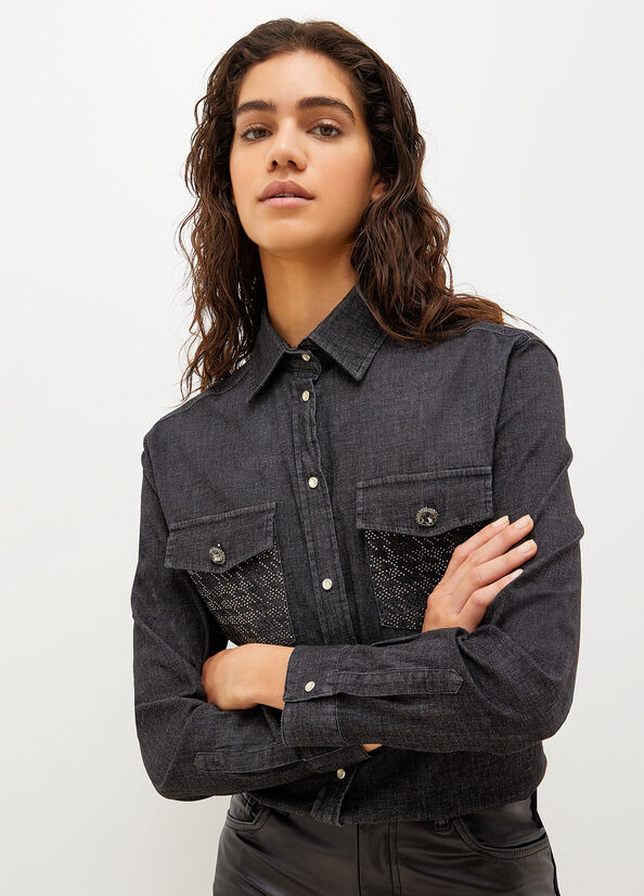 Black Liu Jo Denim With Gemstones Women's Shirts | ZJE-541863