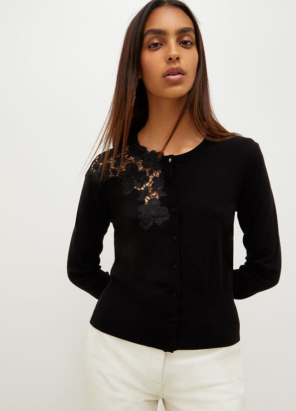 Black Liu Jo Eco-Friendly Cardigan With Lace Inlay Women's Sweaters | QPA-932017