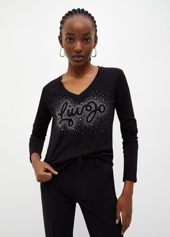 Black Liu Jo Eco-Friendly With Logo Women's Tops | WIC-718024