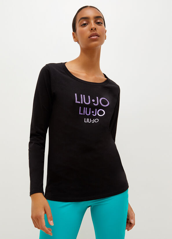 Black Liu Jo Eco-Friendly With Logo Women's T Shirts | XSC-104957