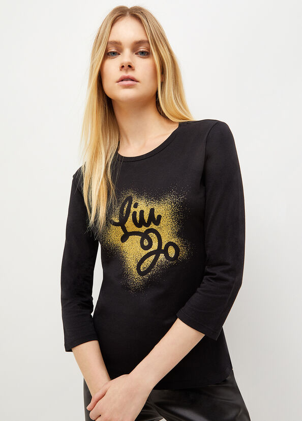 Black Liu Jo Eco-Friendly With Logo Women's T Shirts | YWO-721480